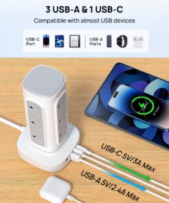 TROND Surge Protector Power Strip Tower - Flat Plug 6 ft Extension Cord with 12 Multiple Outlets, 4 USB Ports(1 USB C), Multi Plug Charging Tower, 1700J, for Home Office Supplies, Dorm Room Essentials 31 71qkLHvaqjL