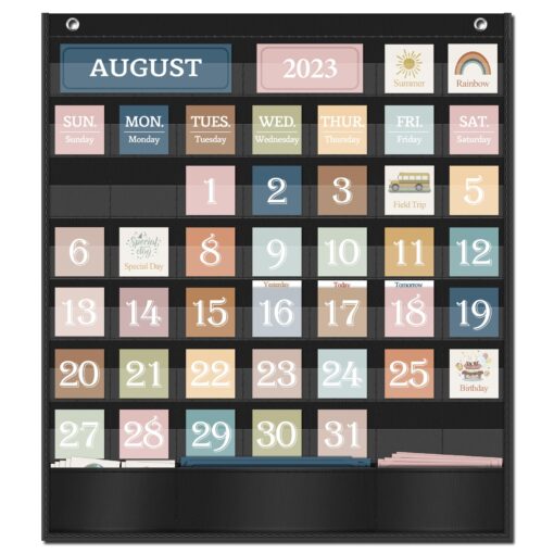 Godery Boho Calendar Pocket Chart for Classroom Cards Add-On School Supplies Teacher Decorations Bulletin Board Pre-K to 6th Grade, Black-1 Boho Black-1