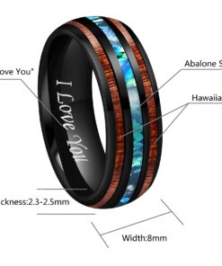 CROWNAL 4mm 8mm Rare Koa Wood/Abalone Shell/Genuine Crushed Fire Opal Inlay Tungsten Carbide Ring Men Women Wedding Band High Polished Engraved I Love You Size 7 To 17 Black 12 7 71qqNsGT L