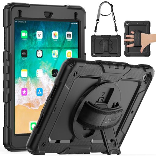 SEYMAC iPad 6th/5th Generation Case 9.7 Inch, Heavy Duty Protective Shockproof Case with Screen Protector, 360° Rotating Stand/Handle/Shoulder Strap for iPad 6th/ 5th Gen/Air 2/ Pro 9.7, Black 9.7 inch - For iPad 6th/5th Gen