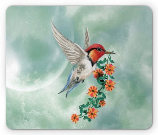 Ambesonne Hummingbird Mouse Pad, Hummingbird is Flying with Flowered Branch Floral Nature Illustration, Rectangle Non-Slip Rubber Mousepad, Standard Size, Orange Green