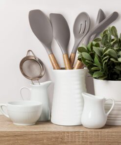 Miusco Non-Stick Silicone Kitchen Utensils Set with Natural Acacia Hard Wood Handle, 5 Pieces, Grey, BPA Free, Baking, Serving and Cooking Utensils Gray 27 71rKQpmINwL