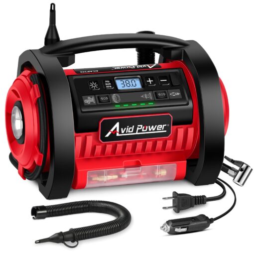 AVID POWER Tire Inflator Portable Air Compressor, 12V DC / 120V AC Car Tire Pump, Air Mattress Pump with Inflation and Deflation Modes, Dual Powerful Motors, Digital Pressure Gauge 1-red