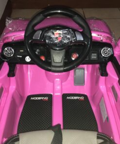 Moderno Kids Kiddie Roadster 12V Power Children Ride-On Car with R/C Parental Remote + Leather Seat 5 Point Seat Belt + LED Wheels + MP3 USB Music Player + Baby Tray Table + Rubber Floor Mats (Pink) Pink 82 71rOlETgciL