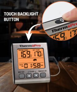 ThermoPro TP16S Digital LCD Meat Thermometer for Cooking and Grilling, BBQ Food Thermometer with Backlight and Kitchen Timer, Grill Temperature Probe Thermometer for Smoker, Barbecue, Oven, Cookware Light Silver 37 71rSWoHcXzL