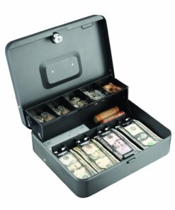 MMF Industries STEELMASTER Tiered Tray Cash Box | 11.81” W x 3.18” H x 9.43” D | 10 Compartments | Tiered Tray Design | Recessed Handle | Secure Cam Lock | Steel Construction 11.8"L x 9.5"W x 3.2"H 19 71raVbF2m L