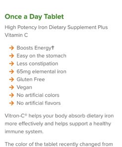 Vitron-C Iron Supplement, Once Daily, High Potency Iron Plus Vitamin C, Supports Red Blood Cell Production, Dye Free Tablets, 60 Count 60 Count (Pack of 1) 31 71reHGZ EQL