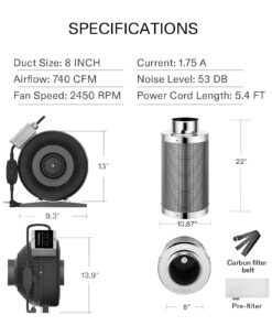 VIVOSUN Ventilation Kit 8 Inch 740 CFM Inline Duct Fan with 8" x 22" Carbon Filter Odor Control System with Australia Virgin Charcoal for Grow Tent Ventilation Z8 w/ carbon filter 10 71rgDeEfxeL