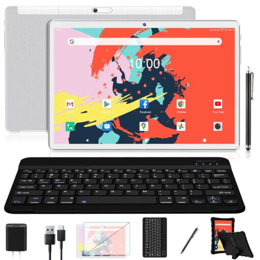 𝟮𝟬𝟮𝟯 𝗟𝐚𝐭𝐞𝐬𝐭 Tablet 10.1" Octa-Core Android 11 Tablet, 64GB Storage Tablet with Keyboard, Stylus, Dual 13MP+5MP Camera, WiFi, Bluetooth, GPS, 512GB Expand Support, IPS Full HD Display(Sliver) White