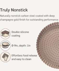 HAPPIELS Non-Toxic Nonstick 9-inch Tart Pan with Removable Bottom Perforated | Round Gold Quiche Pan 9'' Tart Pan 11 71rj8xhzptL
