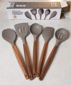Miusco Non-Stick Silicone Kitchen Utensils Set with Natural Acacia Hard Wood Handle, 5 Pieces, Grey, BPA Free, Baking, Serving and Cooking Utensils Gray 39 71rkaxCUICL