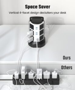 Power Strip Tower Surge Protector, JACKYLED 1625W 13A Outlet Surge Electric Tower, 12 Outlets 6 USB Ports Retractable Cord Charging Station with 16AWG 6.5ft Heavy Duty Extension Cord for Home Office Medium White Black 23 71ruJDDULkL