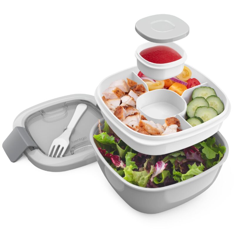 Catalog 8 Bentgo® All-in-One Salad Container - Large Salad Bowl, Bento Box Tray, Leak-Proof Sauce Container, Airtight Lid, & Fork for Healthy Adult Lunches; BPA-Free & Dishwasher/Microwave Safe (Gray) Gray