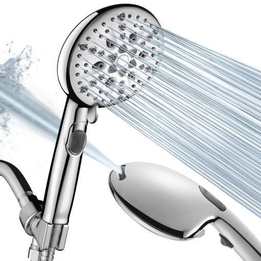 Cobbe High Pressure 9 Functions Shower Head with handheld - Luxury Modern Chrome Look, Built-in Power Spray to Clean Corner, Tub and Pets, Stainless Steel Hose Adjustable Bracket, Chrome ‎9 Spray-Settings ‎‎1. Premium Chrome