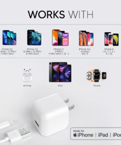 TALK WORKS USB Cable Compatible w/ iPhone 14/14 Plus/14 Pro/14 Pro Max, 13/Mini/Pro/Pro Max, 12/Mini/Pro/ProMax, Phone, AirPods, iPad - 5' Lightning Cable Wall Charger Adapter - MFI Certified (White) Cable + Charger White 23 71s4UYZAaJL