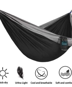 Alternative view of Esup Single & Double Camping Hammock -Lightweight Nylon Portable Hammock, Best Parachute Hammock with Tree Straps for Backpacking, Camping, Travel Black / Gray 118"(L) x 78"(W)