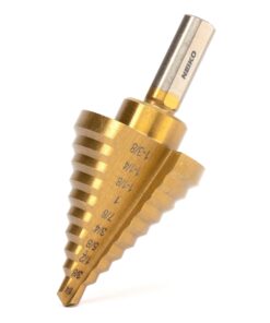 NEIKO 10194A Titanium Step Drill Bit, High-Speed Alloy-Steel Bit, Hole Expander for Wood and Metal, 10 Step Sizes from 1/4 Inch to 1 3/8 Inches 1/4 to 1-3/8" Tri-Flat Shank Straight 21 71sLVq0MexL