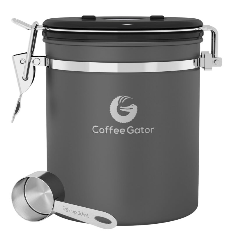 Coffee Gator Stainless Steel Canister - Medium 16oz, Gray Coffee Grounds and Beans Container with Date-Tracker, CO2-Release Valve, and Measuring Scoop - Ideal Coffee Lovers Gifts for Her
