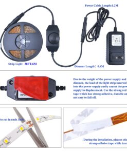 JUNWEN 20FT White LED Strip Lights Dimmable 6000K 360LEDs Mirror Rope Strip Lighting Under Cabinet LED Tape Lights with UL Power Supply for Makeup Kitchen Dining Room Wedding Daylight White 22 71seUbSAlL