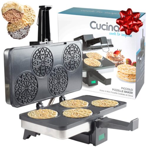 CucinaPro Piccolo Pizzelle Baker - Electric Press Makes 4 Mini Cookies at Once, Grey Nonstick Interior For Fast Cleanup, Must Have Gift or Treat for Parties, Unique Dessert or Holiday Baking Gift