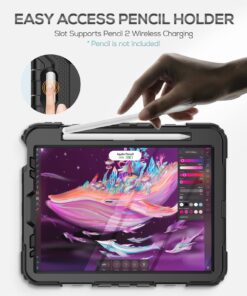 SEYMAC iPad Air 5th/ 4th Generation Case 10.9 Inch, Full-Body Shockproof Protective with Screen Protector, 360° Rotating Stand/Handle/Shoulder Strap/Pencil Holder, Black For iPad Air 5th/4th Generation 30 71sn3RTjFRL