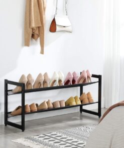 SONGMICS Shoe Rack, 2-Tier Stackable Shoe Storage Shelf, Flat or Angled Shoe Organizer, Metal Shoe Tower Stand for Closet Entryway, Black 13 71t MVRYL