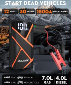 BRORAK Car Jump Starter Battery Pack, 1500A Jump Box for Car Battery Jump Starter, 12V Portable Jump Starter (Up to 7.0L Gas & 4.0L Diesel) Jump Pack with 3 Modes Flashlight and Jumper Cables orange 18 71t i7k7iYL