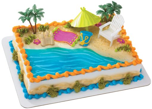 DecoSet® Beach Chair and Umbrella Tropical Beach Cake Decoration, 6 Piece Cake Topper Set, Palm Trees, Deck Chair, Beach Umbrella, Sand Castle and Bucket, Food Safe, Beach Chair & Umbrella DecoSet