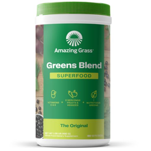 Amazing Grass Greens Blend Superfood: Super Greens Powder Smoothie Mix for Boost Energy ,with Organic Spirulina, Chlorella, Beet Root Powder, Digestive Enzymes & Probiotics, Original, 60 Servings Superfood - Original 60 Servings (Pack of 1)