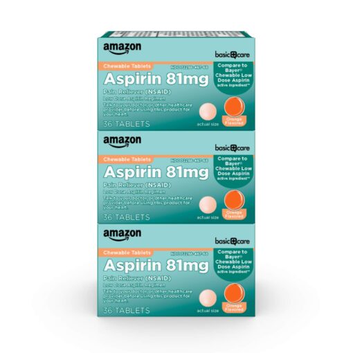 Amazon Basic Care Aspirin 81 mg Pain Reliever (NSAID) Chewable Tablets, Low Dose , Orange Flavor, 108 Count (3 Packs of 36) 36 Count (Pack of 3)