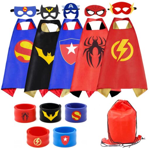 RioRand Kids Dress Up 5PCS Superhero Capes Set and Slap Bracelets for Boys Costumes Birthday Party Gifts