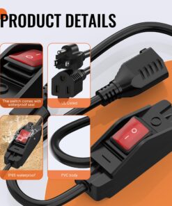 Joinfworld 2 Ft Extension Cord with Switch Outdoor 14AWG 3 Prong Switched Extension Cord 15A 125V Waterproof Lighted Extension Cord Inline Switch for Electrical Equipment 22 71tFIjI8rdL