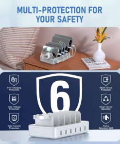 Charging Station for Multiple Devices, HSicily 6 Port Multi Device Charging Station, Multiple Charging Station with 6 Cables Designed for iPhone iPad Cell Phones Tablets Kindle Apple Watch Silver HS50 10 71tRis b5ML