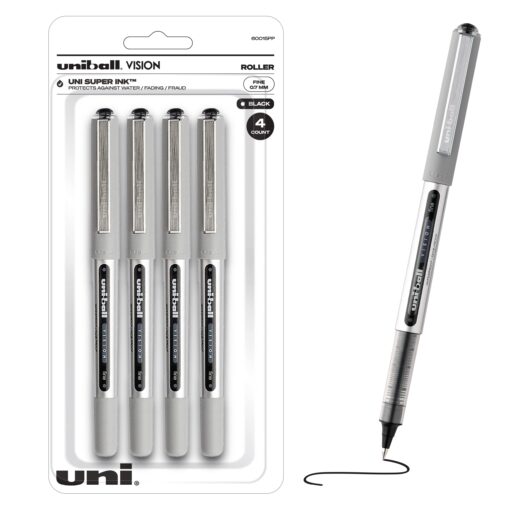 Uniball Vision Rollerball Black Pens Pack of 4, Fine Point Pens with 0.7mm Medium Black Ink, Ink Black Pen, Smooth Writing Bulk Pens, and Office Supplies