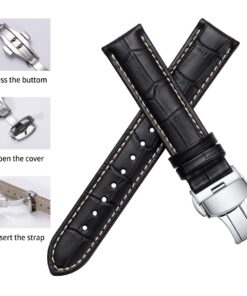 iStrap Leather Watch band -Alligator Grain Embossed Pattern Calfskin Replacement Strap-Stainless Steel Deployment Buckle with Push Buttons-Bracelet for Men Women-18mm 19mm 20mm 21mm 22mm 24mm Black/Tan Stitch-Silver 26 71tXPi4ovJL