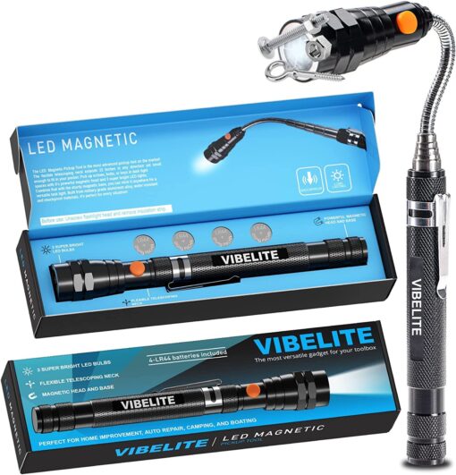 VIBELITE Extendable Magnetic Flashlight with Telescoping Magnet Pickup Tool-Cool Gadgets Gifts Idea & Christmas Stocking Stuffers for Men, Husband,Dad,Father,Mechanic,Tech,Handyman,Him Women Magnetic Tool