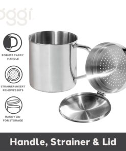 OGGI Stainless Steel Grease Container with Handle, Removable Strainer and Flip Top Lid. Perfect container for fryer oil, bacon drippings, lard and ghee oil. Can capacity - 0.25 Gall / 1 Qt / 0.95 Lt 1 Quart 12 71tajye9MbL