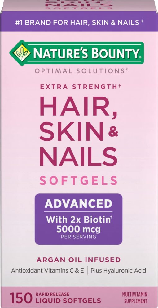 Nature's Bounty Advanced Hair, Skin & Nails, Argan-Infused Vitamin Supplement with Biotin and Hyaluronic Acid, 150 Rapid Release Softgels Unflavored