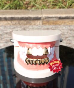 Gold Grillz Mouth Teeth 24K Plated Gold Custom Fit Top & Bottom Set Caps Grillz For Women Gift + Extra Molding Bars + Microfiber Cloth 23 71thVu52DZL
