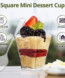 Alternative view of Square Mini Dessert Cup - 2 Ounce - Durable Crystal Clear Plastic - 50 Count - Ideal for Desserts, Appetizers, Entrees, Puddings, Mousse and More! 1