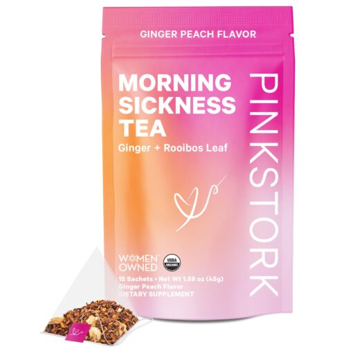 Pink Stork Morning Sickness Tea - Organic Ginger Peach Pregnancy Tea for Morning Sickness Relief, First Trimester Pregnancy Must Haves, Caffeine-Free, Hot or Iced, 15 Sachets 15 Count (Pack of 1)