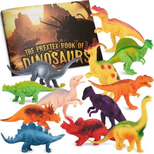 PREXTEX Dinosaur Figures for Kids 3-5+ (12 Plastic Dinosaurs Figurines with Educational Dinosaur Book) Dinosaur Toys Set for Toddlers Learning & Development (Boys & Girls) Dino Book with Dino Figures