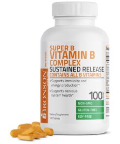 Bronson Super B Vitamin B Complex Sustained Slow Release (Vitamin B1, B2, B3, B6, B9 - Folic Acid, B12) Contains All B Vitamins 100 Tablets Unflavored 100 Count (Pack of 1) 17 71uD1qsTaCL