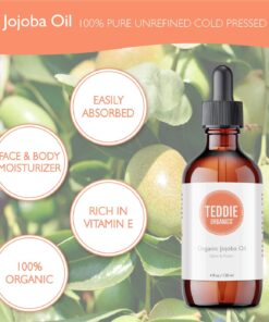 Teddie Organics Golden Jojoba Oil 100% Pure Organic Cold Pressed and Unrefined 4oz - Natural Moisturizer for Face Hair and Sensitive Skin, Carrier Oil for Essential Oils 4 Fl Oz (Pack of 1) 35 71uElqnXm2L