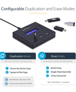 StarTech.com Standalone 1 to 2 USB Flash Drive Duplicator / Cloner / Eraser, Multiple USB Thumb Drive Copier / Sanitizer, System File / Sector-by-Sector Copy, 1.5 GB/min, 3-Pass Erase, LCD (USBDUP12) "1:2" 11 71uLecuTzpL