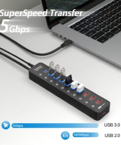 vantisan Powered USB 3.0 hub, 11-Port USB Hub Splitter Extension 7 USB 3.0 Data Ports + 4 Smart Charging Ports with Separate LED On/Off Switches and 12V/3A Power Adapter for USB Devices. black 30 71uN7j2vjML
