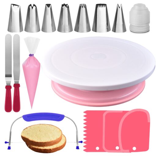 RFAQK 35PCs Cake Turntable and Leveler-Rotating Cake Stand with Non Slip pad-7 Icing Tips and 20 Bags- Straight & Offset Spatula-3 Scraper Set -EBook-Cake Decorating Supplies Kit -Baking Tools