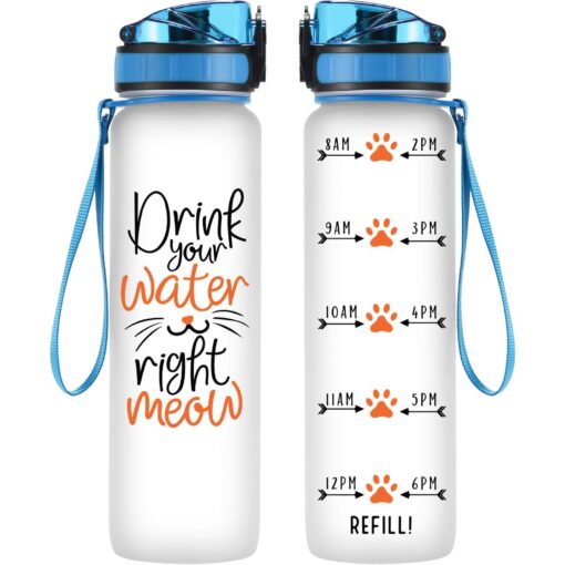 Coolife 32 oz 1 Liter Motivational Tracking Water Bottle w/Hourly Time Marker - Cat Mom, Cat Lover Gifts for Women, Funny Christmas, Birthday Cat Themed Gifts for Cat Lovers Cat Mom Cat Lady White / Blue