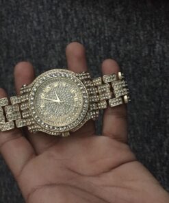 Men's 45mm Iced Diamond Watch with Roman Dial and Bling-ed Out Adjustable Metal Strap - Quartz Movement - 14k Gold or Silver - Watch, Bracelet Set or Tennis Chain Set 29 71uUFIdlqML