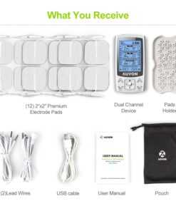 AUVON Dual Channel TENS EMS Unit 24 Modes Muscle Stimulator for Pain Relief, Rechargeable TENS Machine Massager with 12 Pads, ABS Pads Holder, USB Cable and Dust-Proof Storage Bag A Sliver 26 71uWemcaFLL